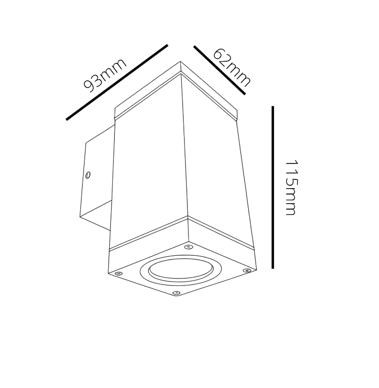 Technical drawing of a square light fixture with dimensions labeled