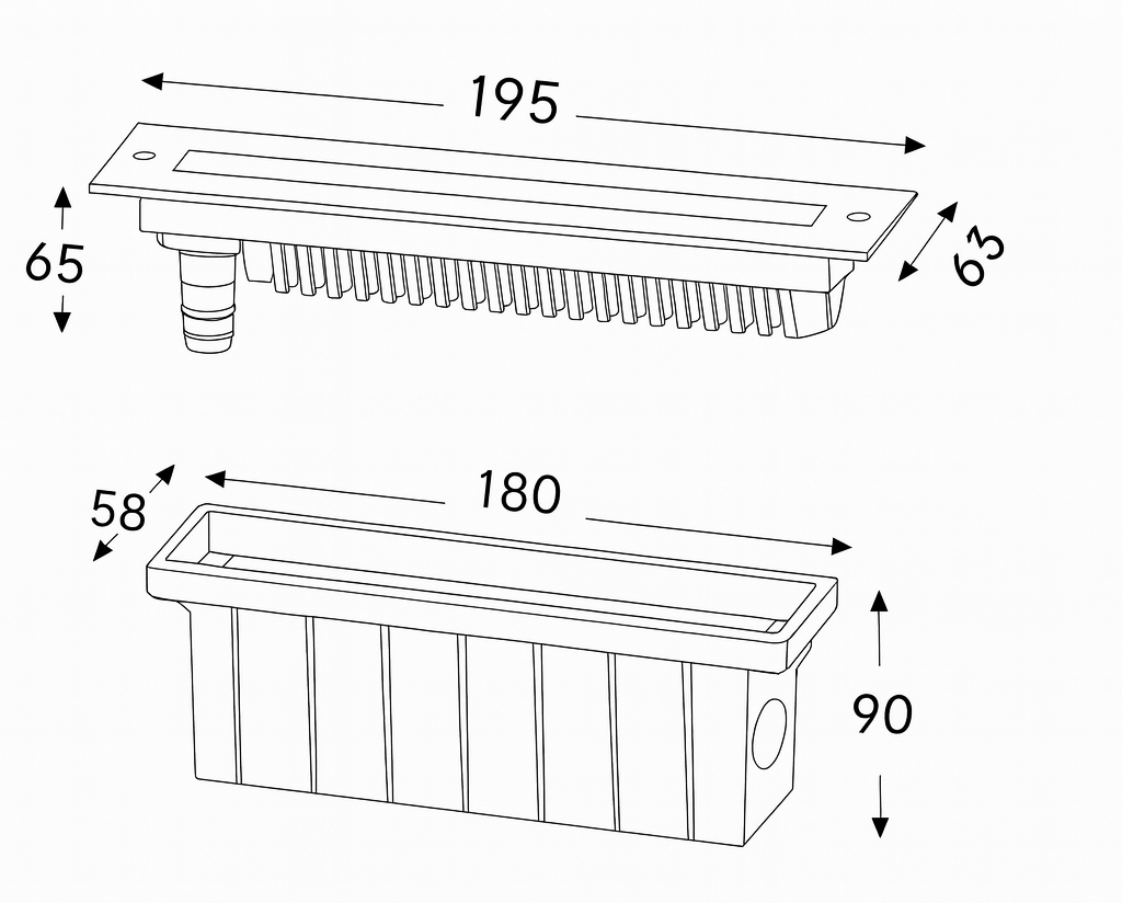 Technical drawing of a rectangular shower drain with dimensions labeled