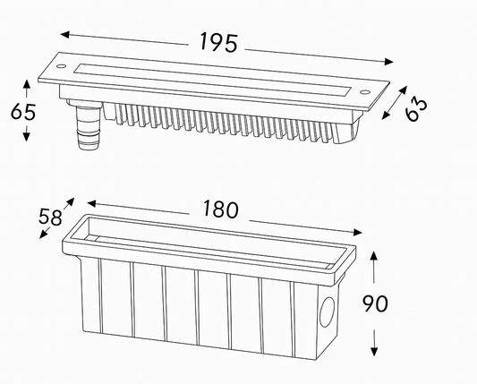 Technical drawing of a rectangular shower drain with dimensions labeled