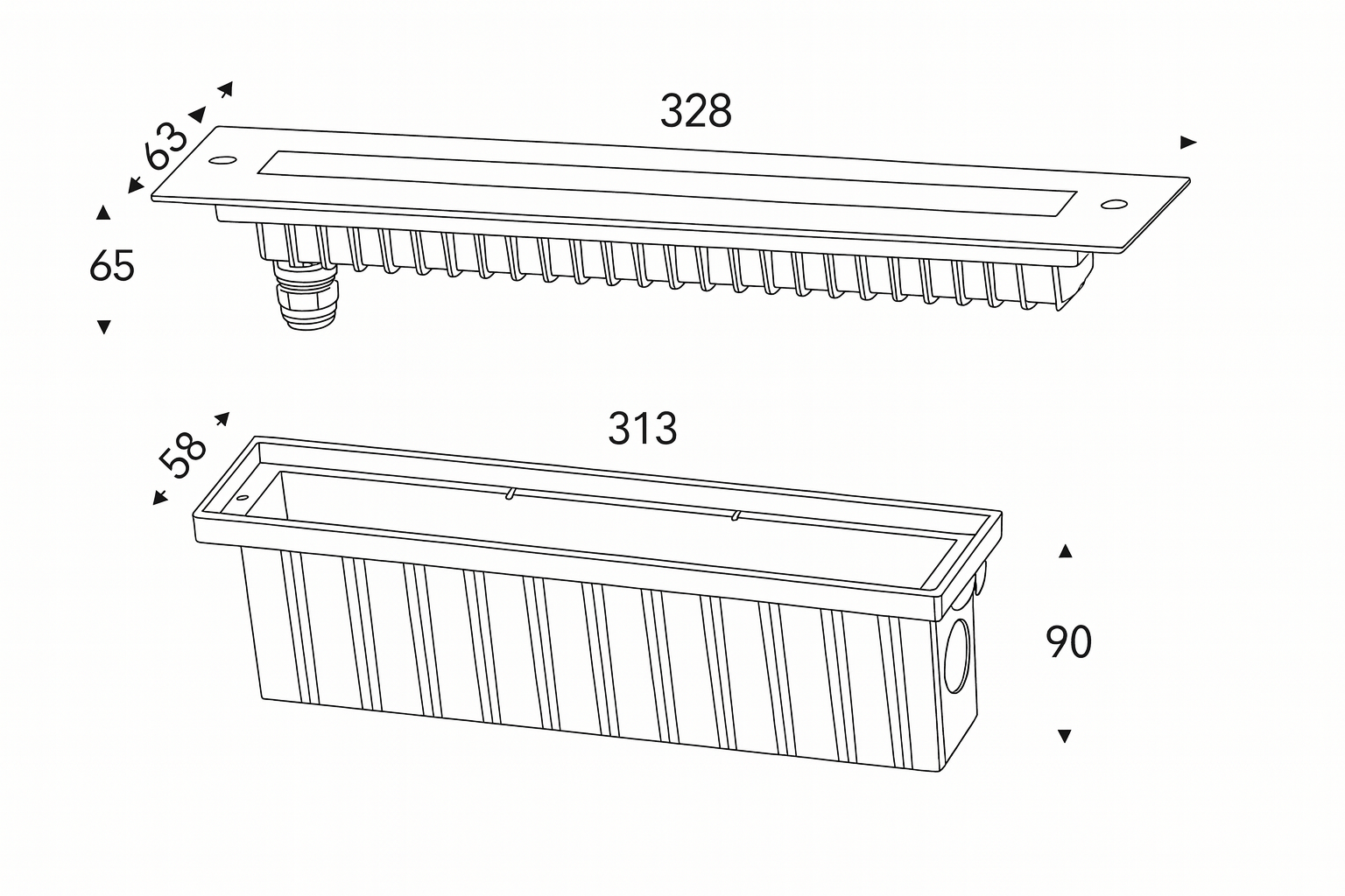 Technical drawing of a rectangular shower drain with dimensions labeled