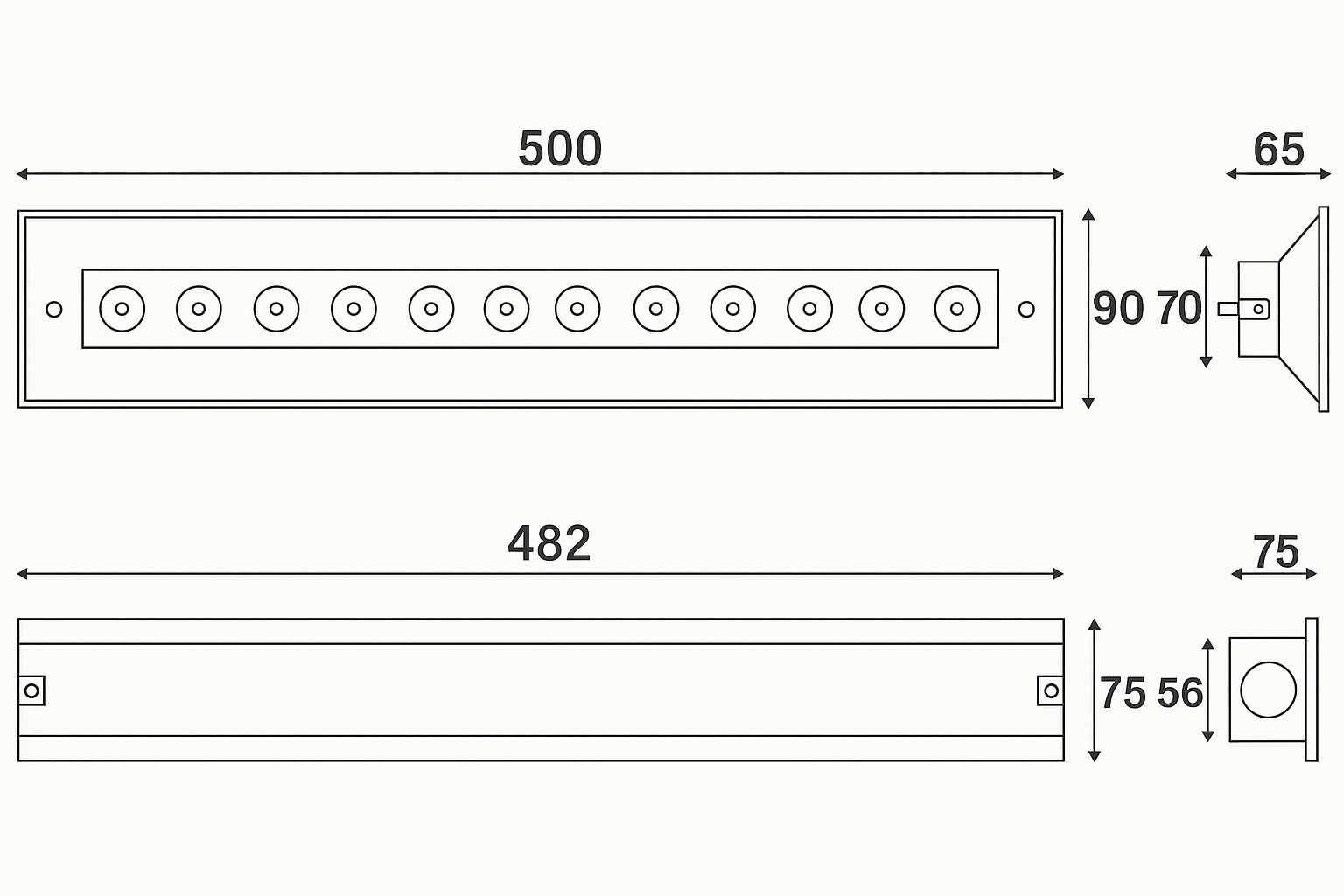 Technical drawing of a rectangular panel with dimensions labeled