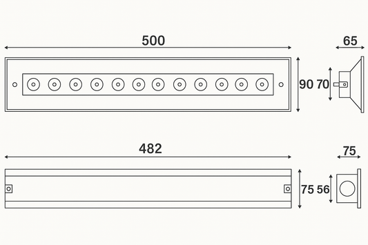 Technical drawing of a rectangular panel with dimensions labeled