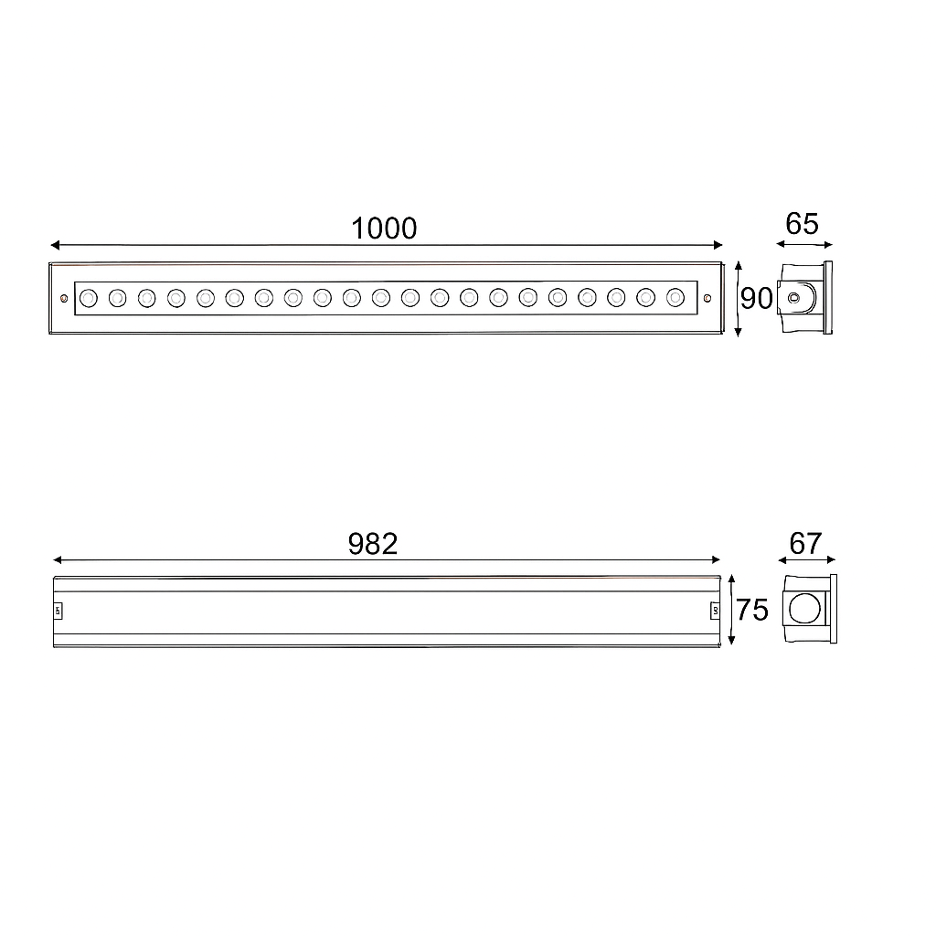 Technical drawing of a rectangular light fixture with dimensions