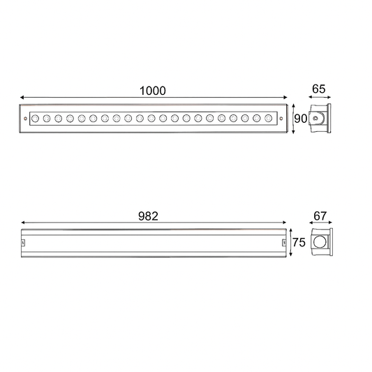 Technical drawing of a rectangular light fixture with dimensions