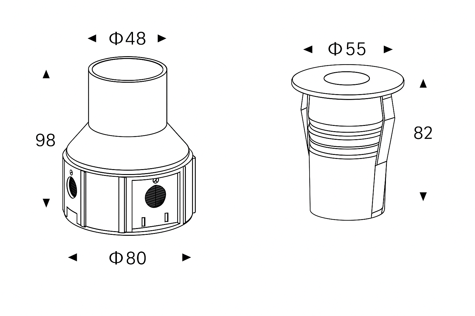 Technical drawing of two cylindrical objects with dimensions labeled