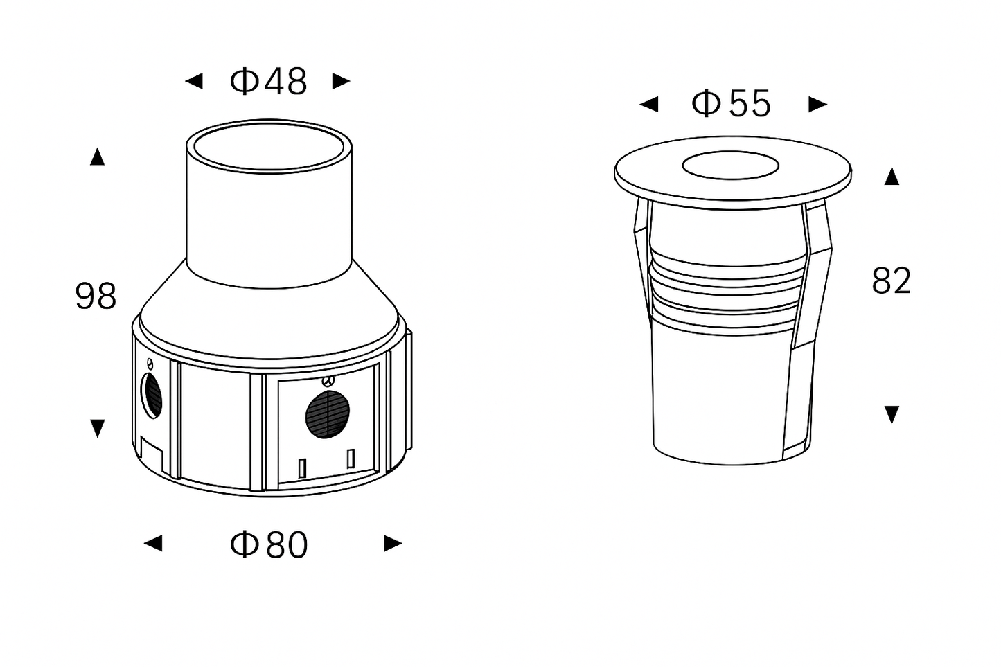 Technical drawing of two cylindrical objects with dimensions labeled