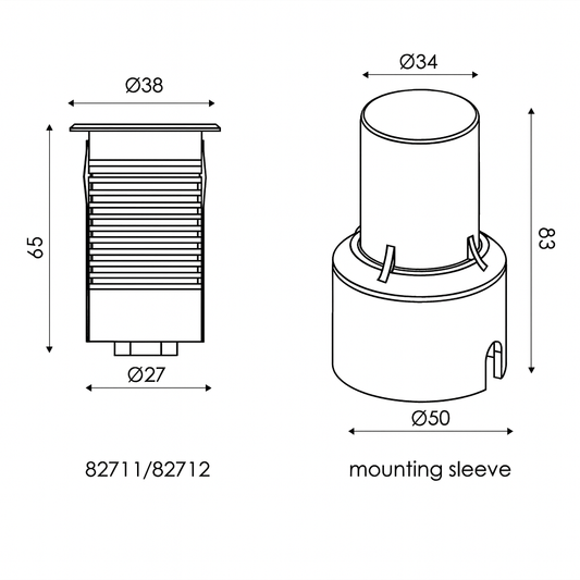 Technical drawing of a shower head and mounting sleeve with dimensions