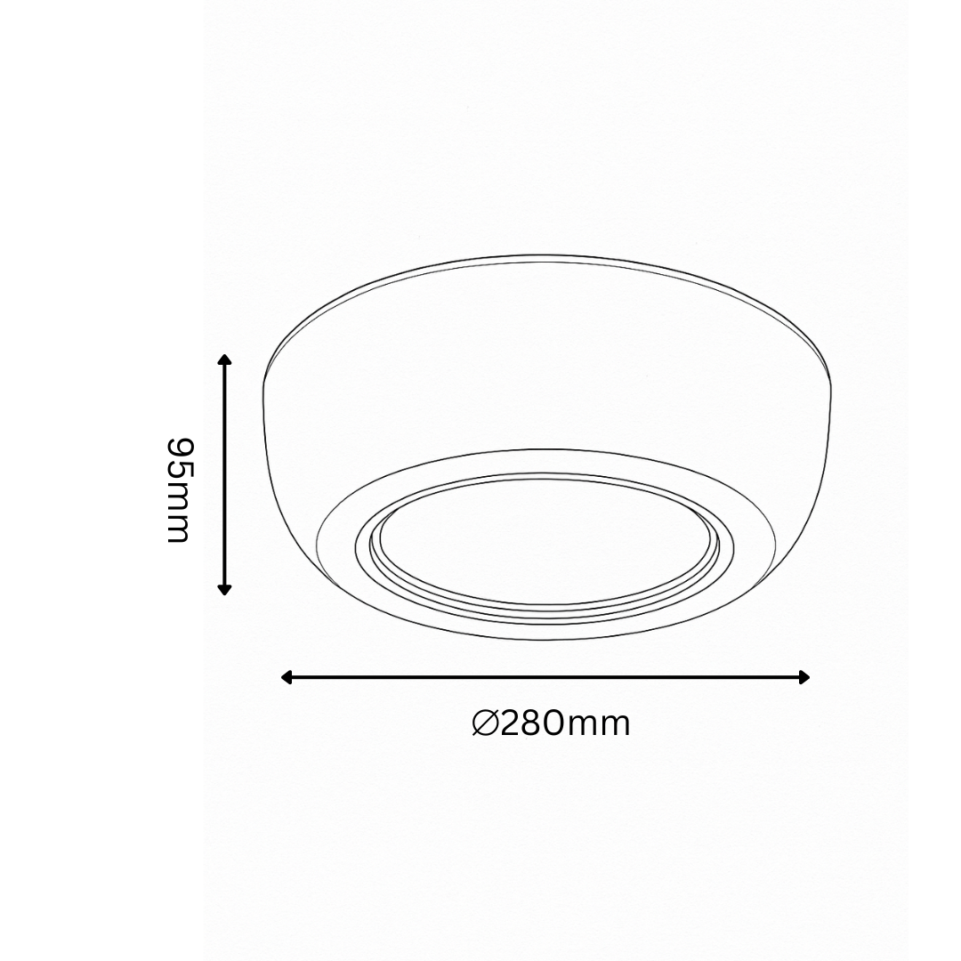 Measurement diagram of a ceiling light fixture with dimensions labeled.