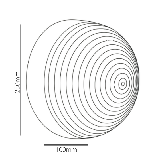Diagram of a circular object with concentric circles and measurements on a white background