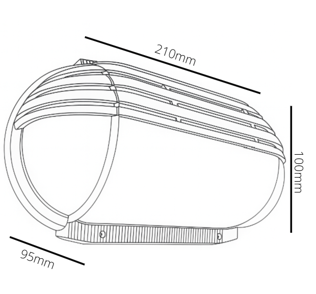 Technical drawing of a helmet with dimensions labeled