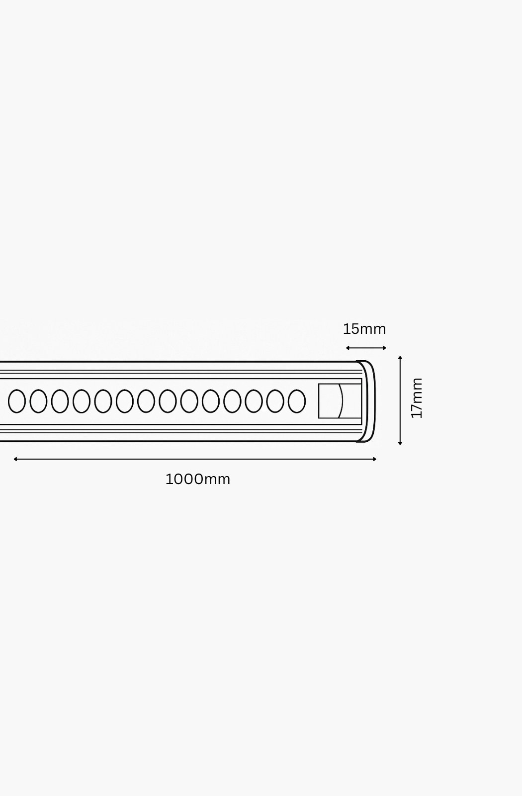 Technical drawing of a rectangular light fixture with dimensions on a white background