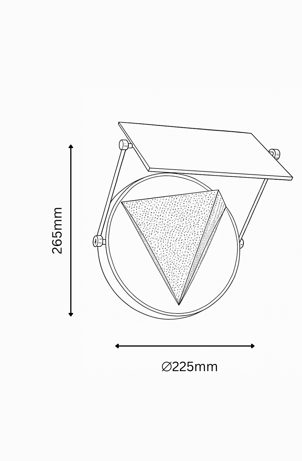 Technical drawing of a circular object with a triangular component, showing dimensions.