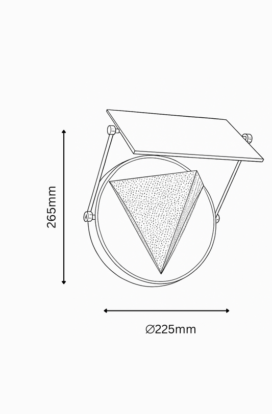 Technical drawing of a circular object with a triangular component, showing dimensions.