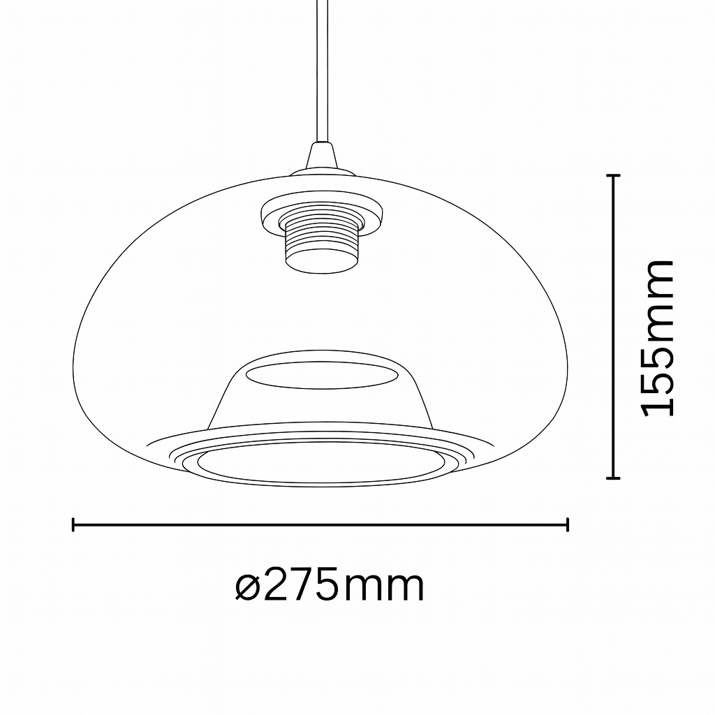 Line drawing of a pendant light with dimensions labeled