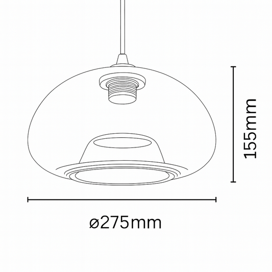 Line drawing of a pendant light with dimensions labeled