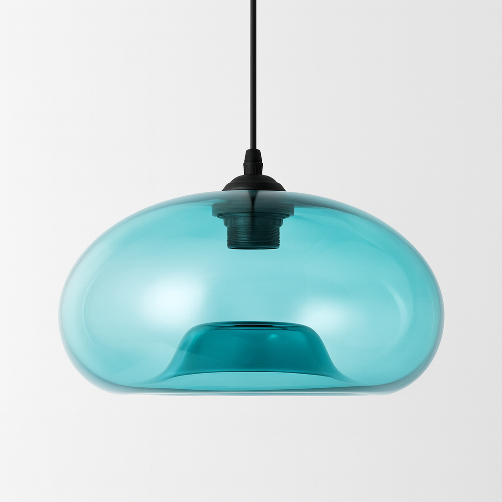 Turquoise pendant light with E27 base lamp and glass body