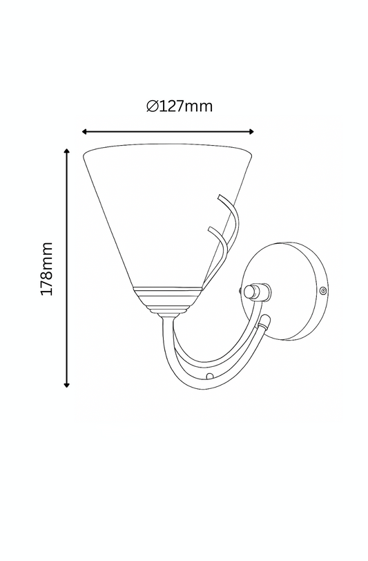 Line drawing of a wall-mounted light fixture with dimensions indicated.