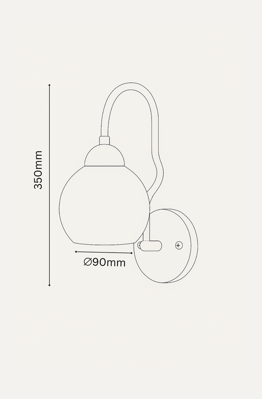Technical drawing of a wall-mounted light fixture with dimensions on a white background