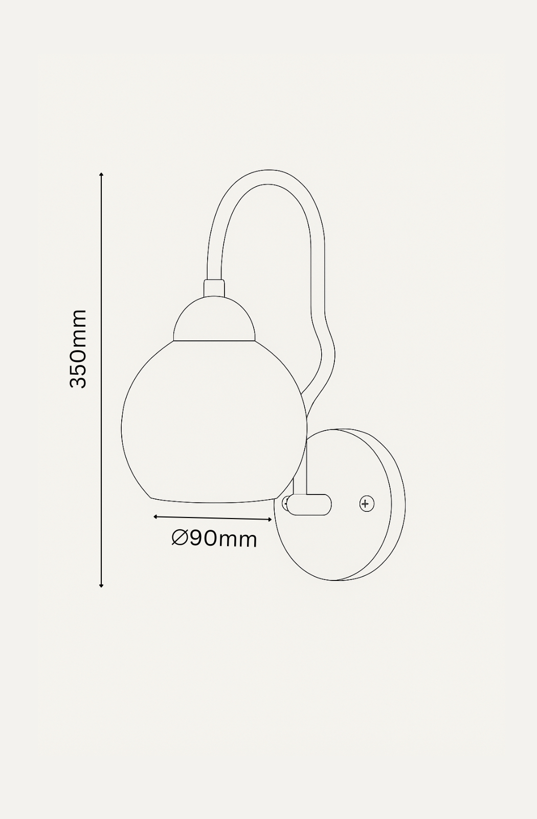 Technical drawing of a wall-mounted light fixture with dimensions on a white background