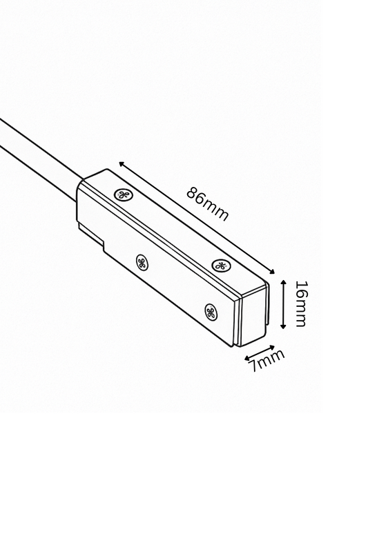 Technical drawing of a rectangular sensor with dimensions labeled