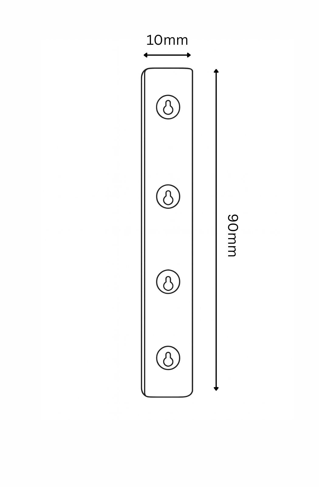 Measurement chart showing dimensions of a rectangular object with three circular icons