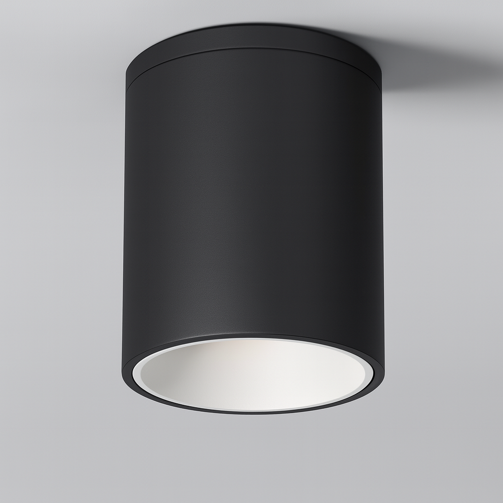 Black cylindrical ceiling light fixture with E27 base lamp
