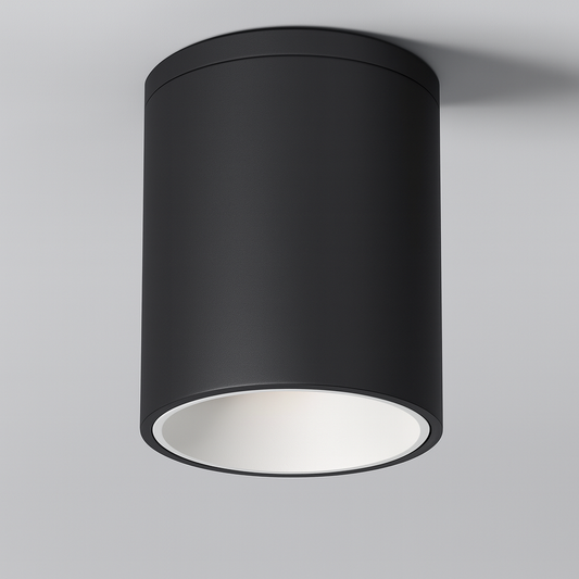 Black cylindrical ceiling light fixture with E27 base lamp