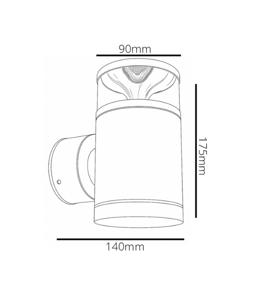 Line drawing of a wall-mounted light fixture with dimensions labeled.