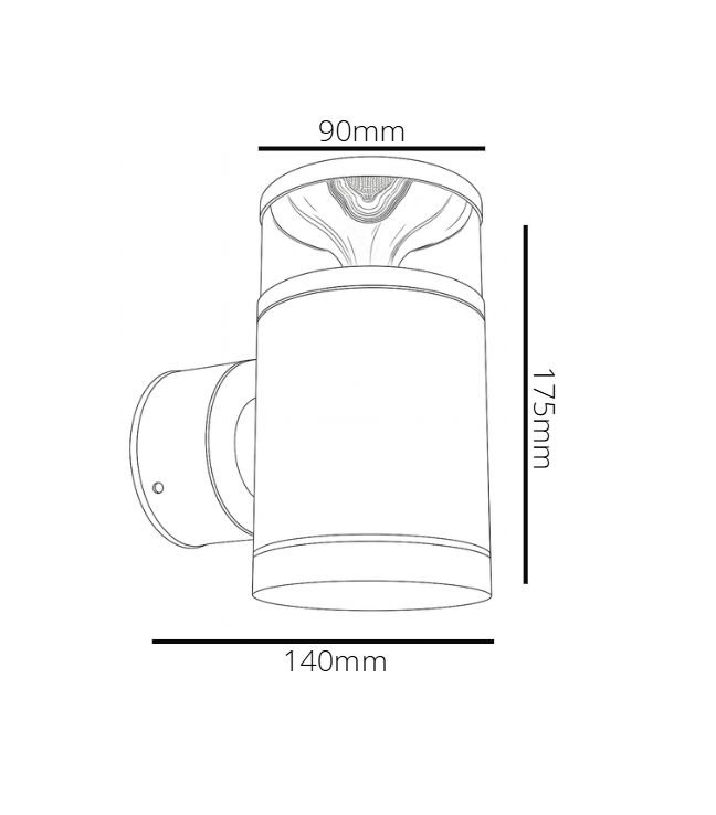 Line drawing of a wall-mounted light fixture with dimensions labeled.