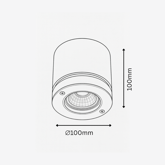 Technical drawing of a cylindrical light fixture with dimensions on a white background