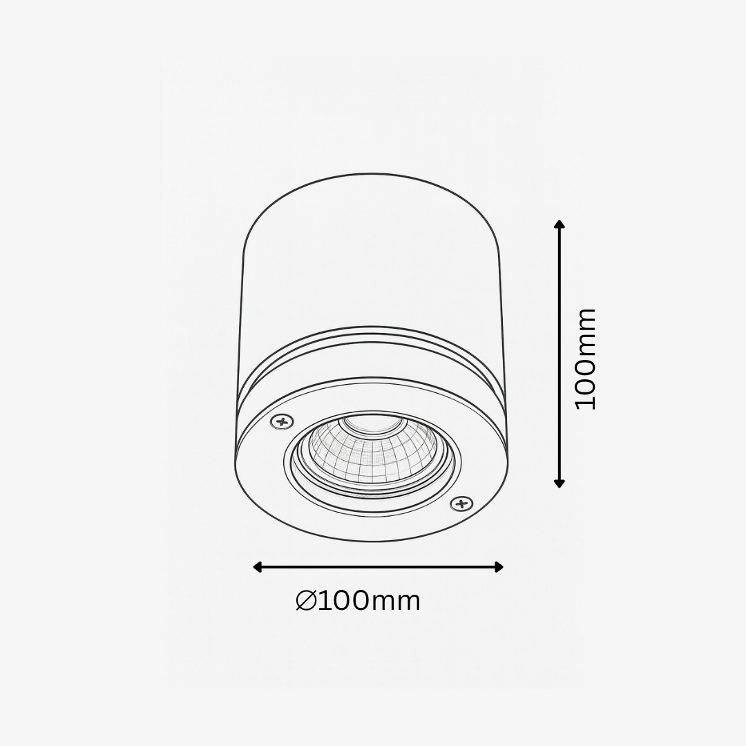 Technical drawing of a cylindrical light fixture with dimensions on a white background