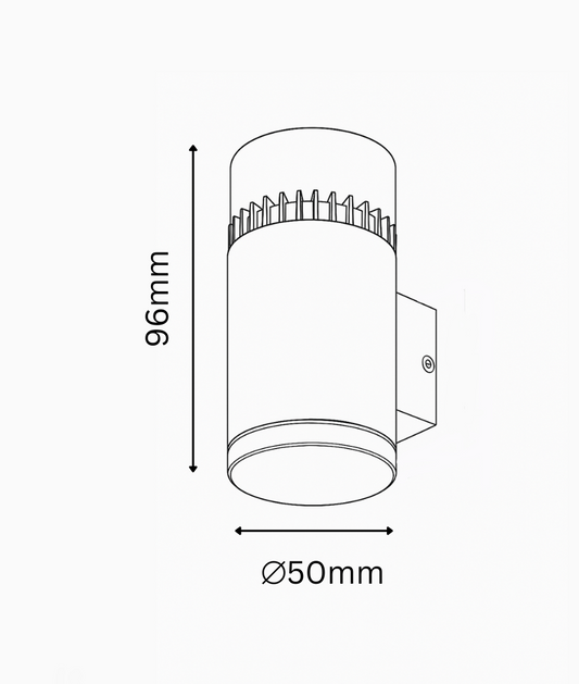 Technical drawing of a cylindrical wall light fixture with dimensions on a white background