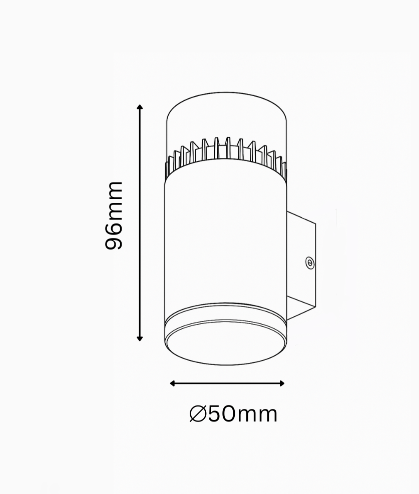 Technical drawing of a cylindrical wall light fixture with dimensions on a white background