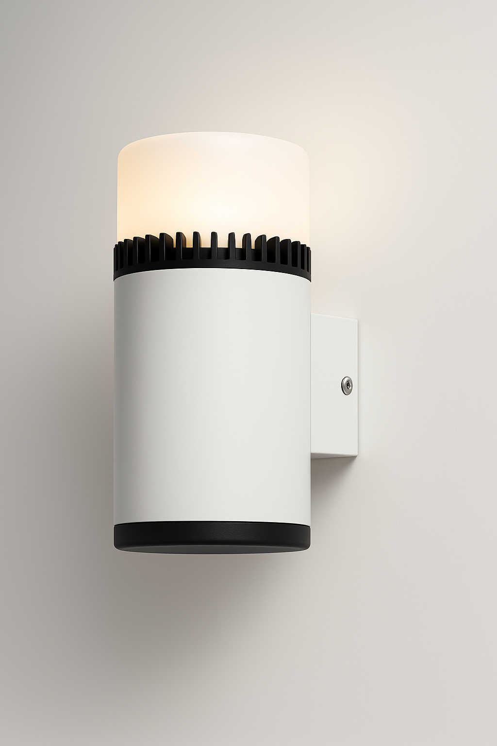 White outdoor wall light fixture with black accents and COB/SMD base lamp