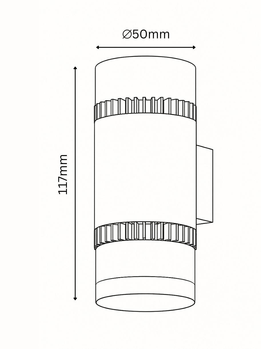 Technical drawing of a cylindrical light fixture with dimensions