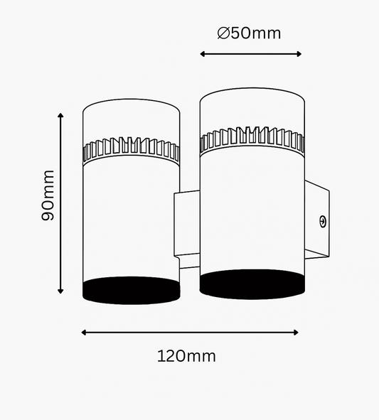 Dimensions of a cylindrical wall light fixture with measurements in millimeters.