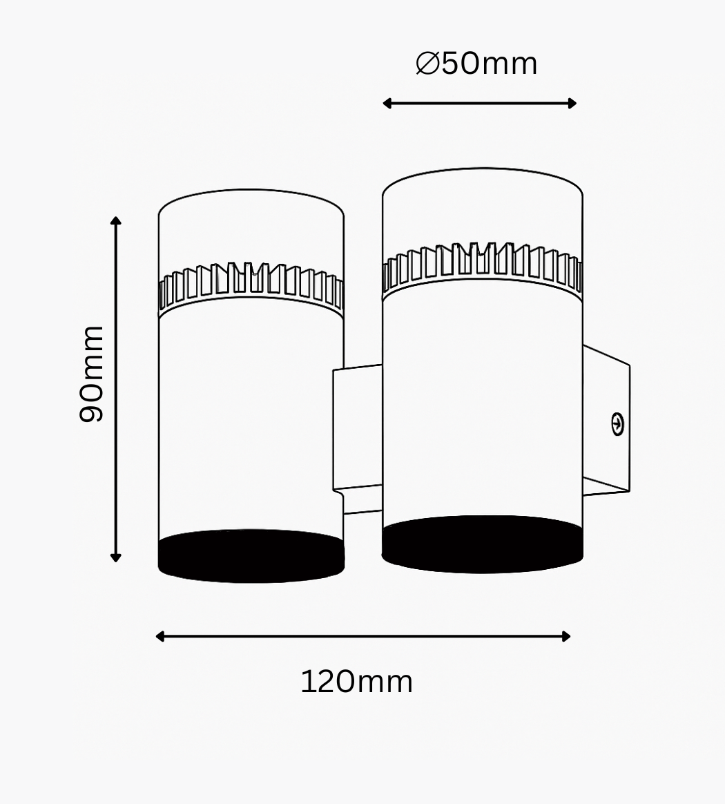 Dimensions of a cylindrical wall light fixture with measurements in millimeters.