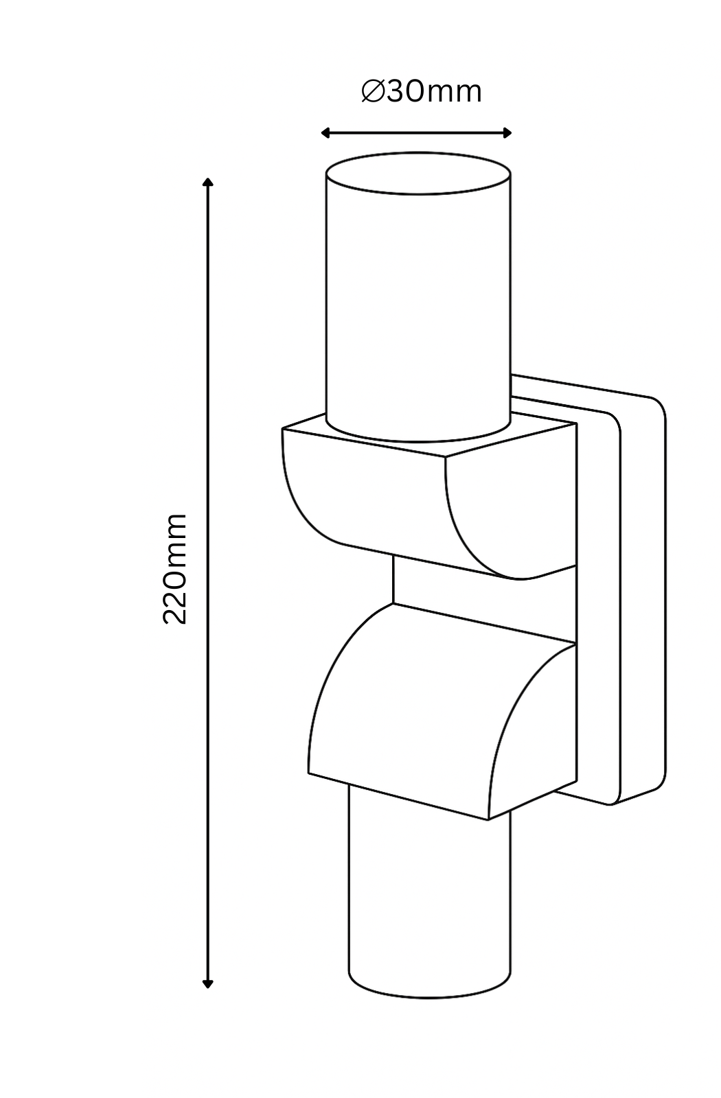 Technical drawing of a wall-mounted fixture with dimensions labeled