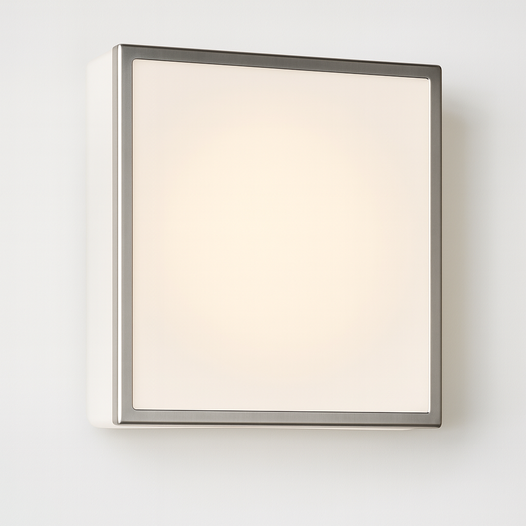 Square wall light fixture with a metallic frame and E27 base lamp