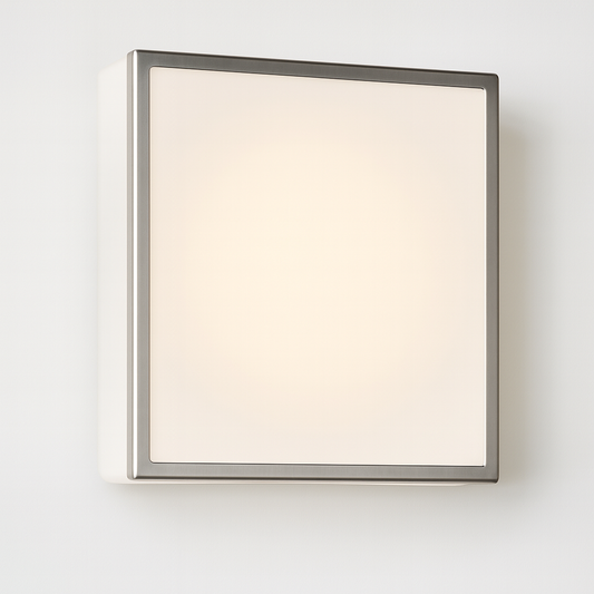 Square wall light fixture with a metallic frame and E27 base lamp