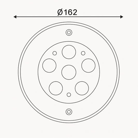 Technical drawing of a circular component with six holes and a diameter of 162mm.