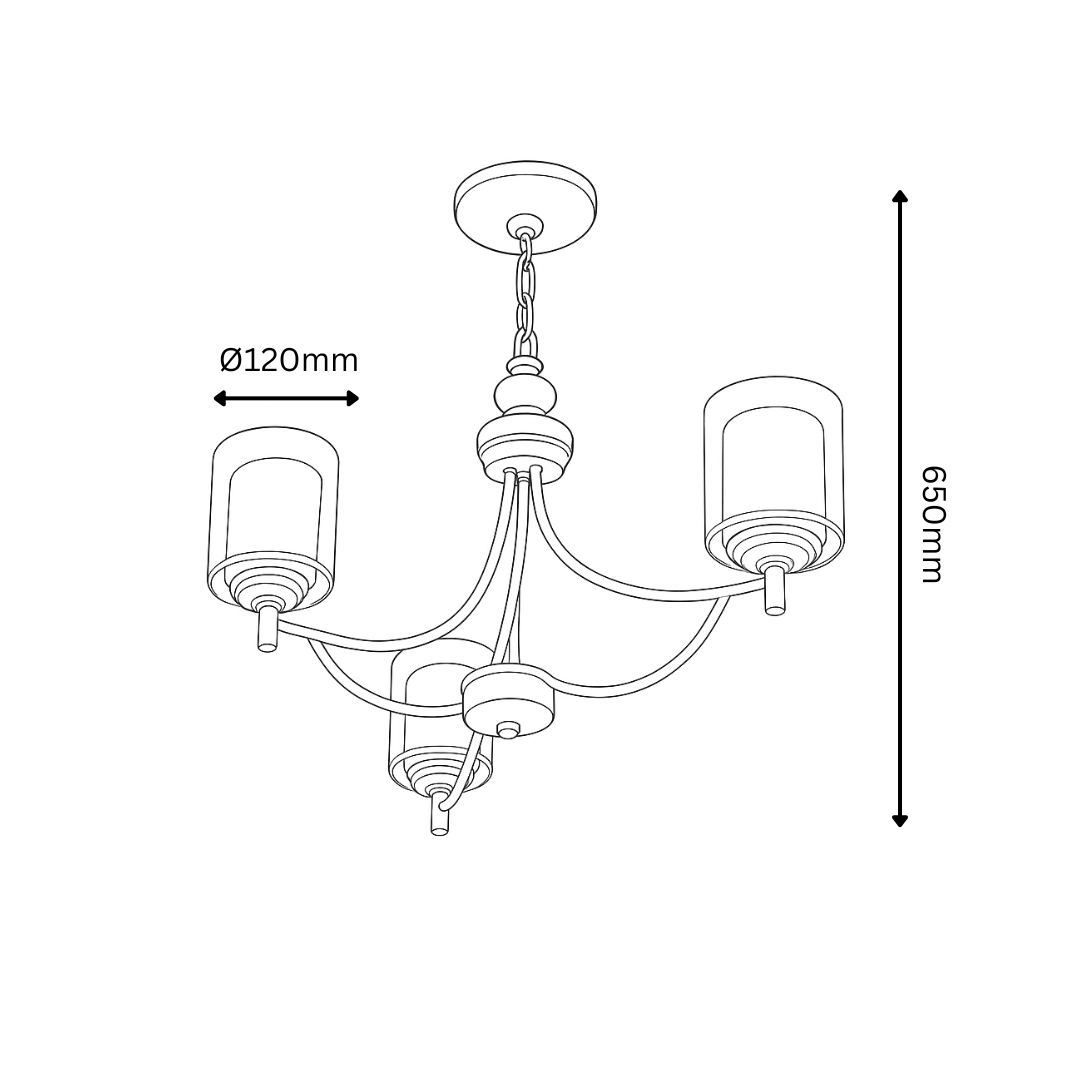Line drawing of a chandelier with dimensions indicated