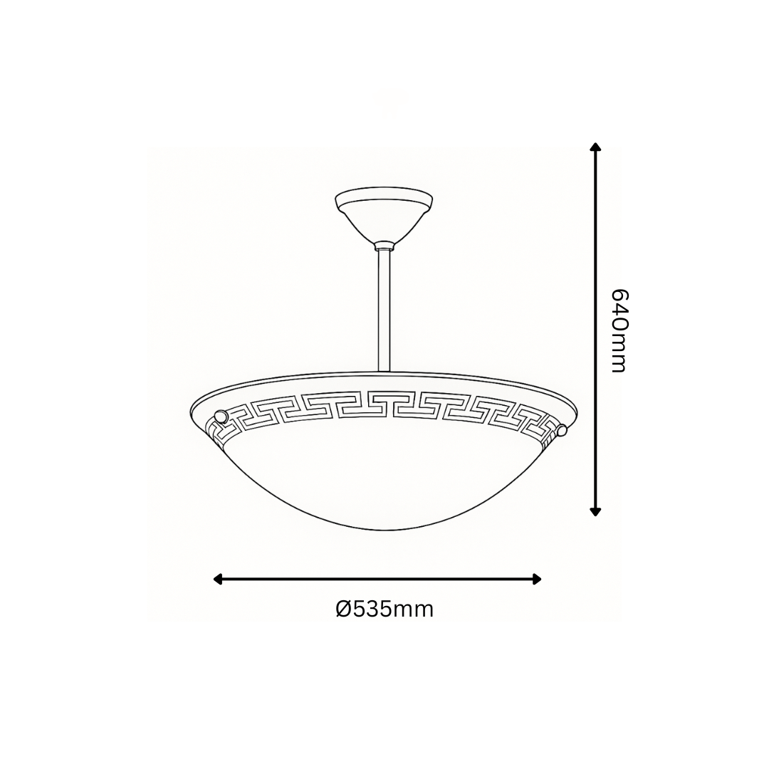 Line drawing of a pendant light fixture with dimensions on a white background