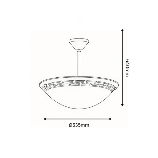 Line drawing of a pendant light fixture with dimensions on a white background