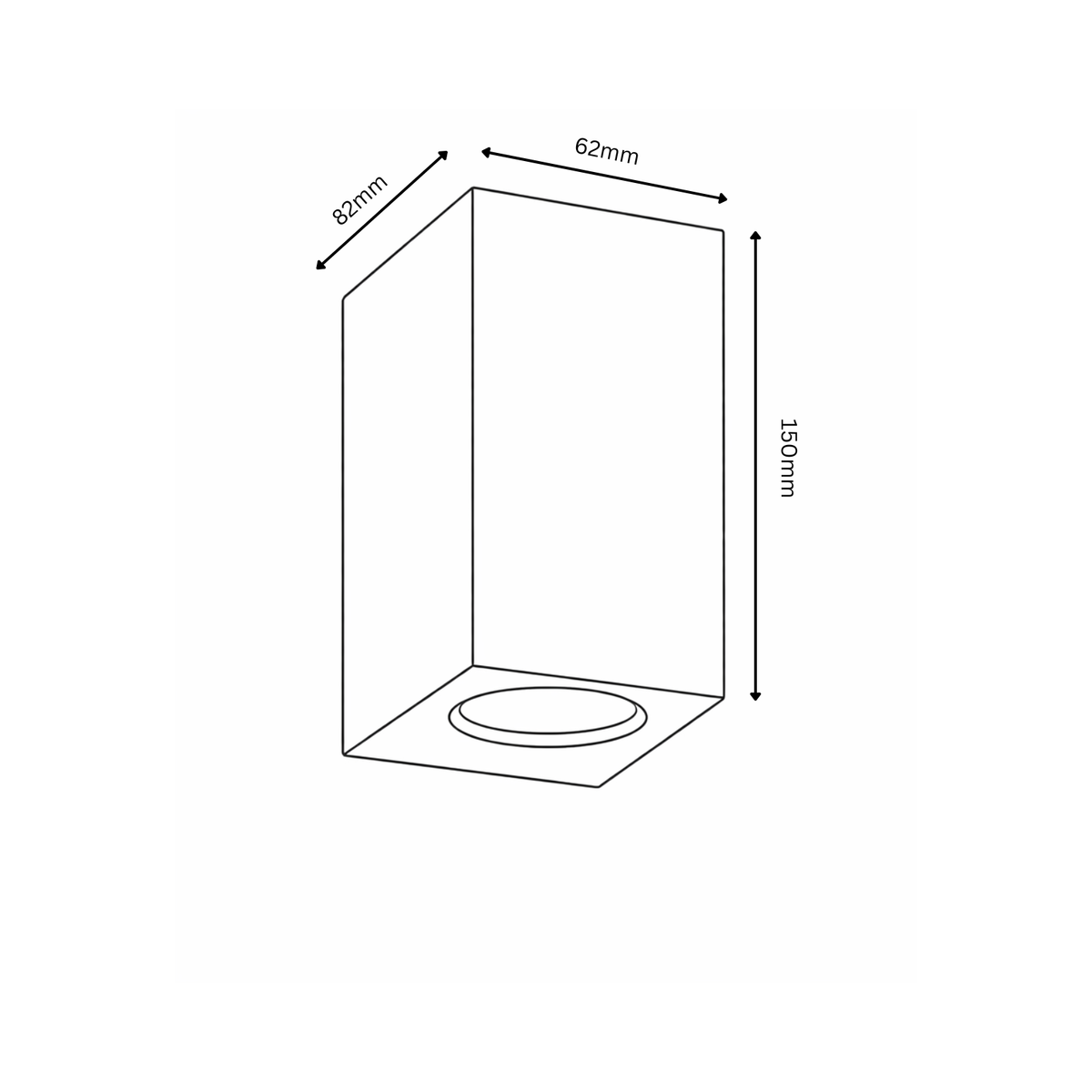 Technical drawing of a rectangular light fixture with dimensions labeled.