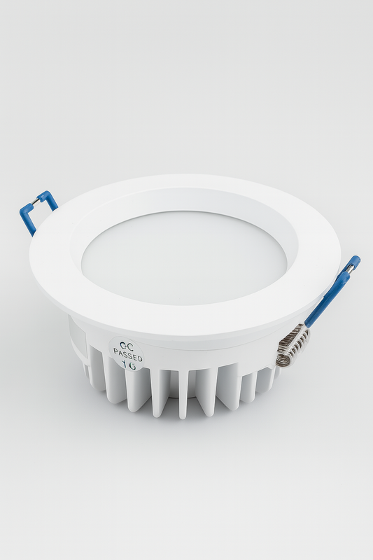 White LED downlight with blue connectors