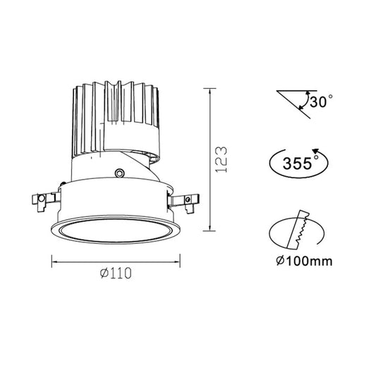 Technical drawing of a ceiling light fixture with dimensions and angles.
