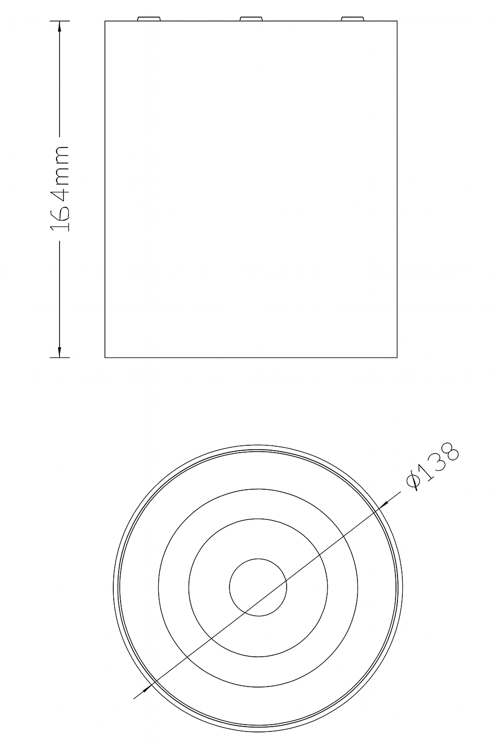 Technical drawing with dimensions of a rectangular object and a circular component.