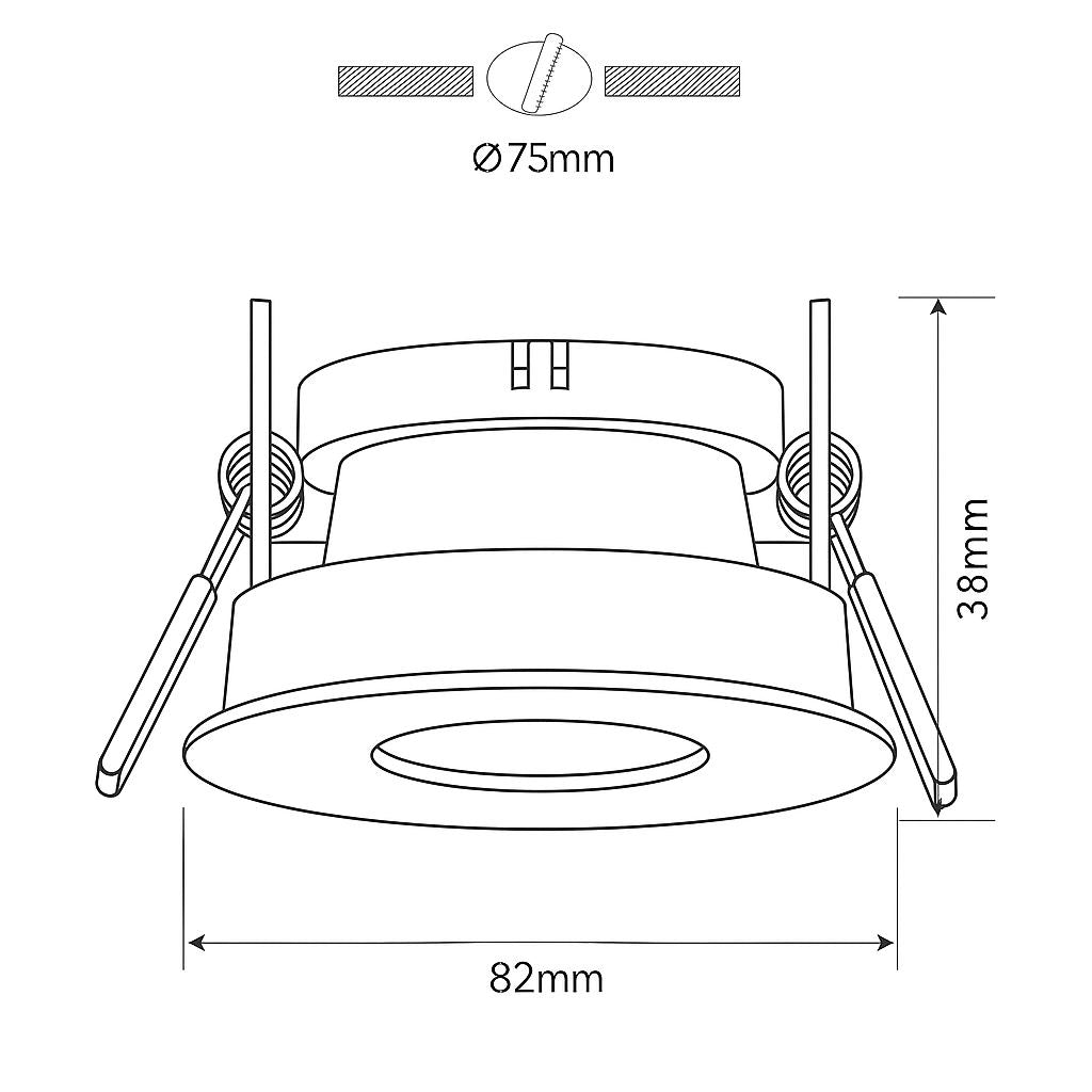 Technical drawing of a round light fixture with dimensions labeled