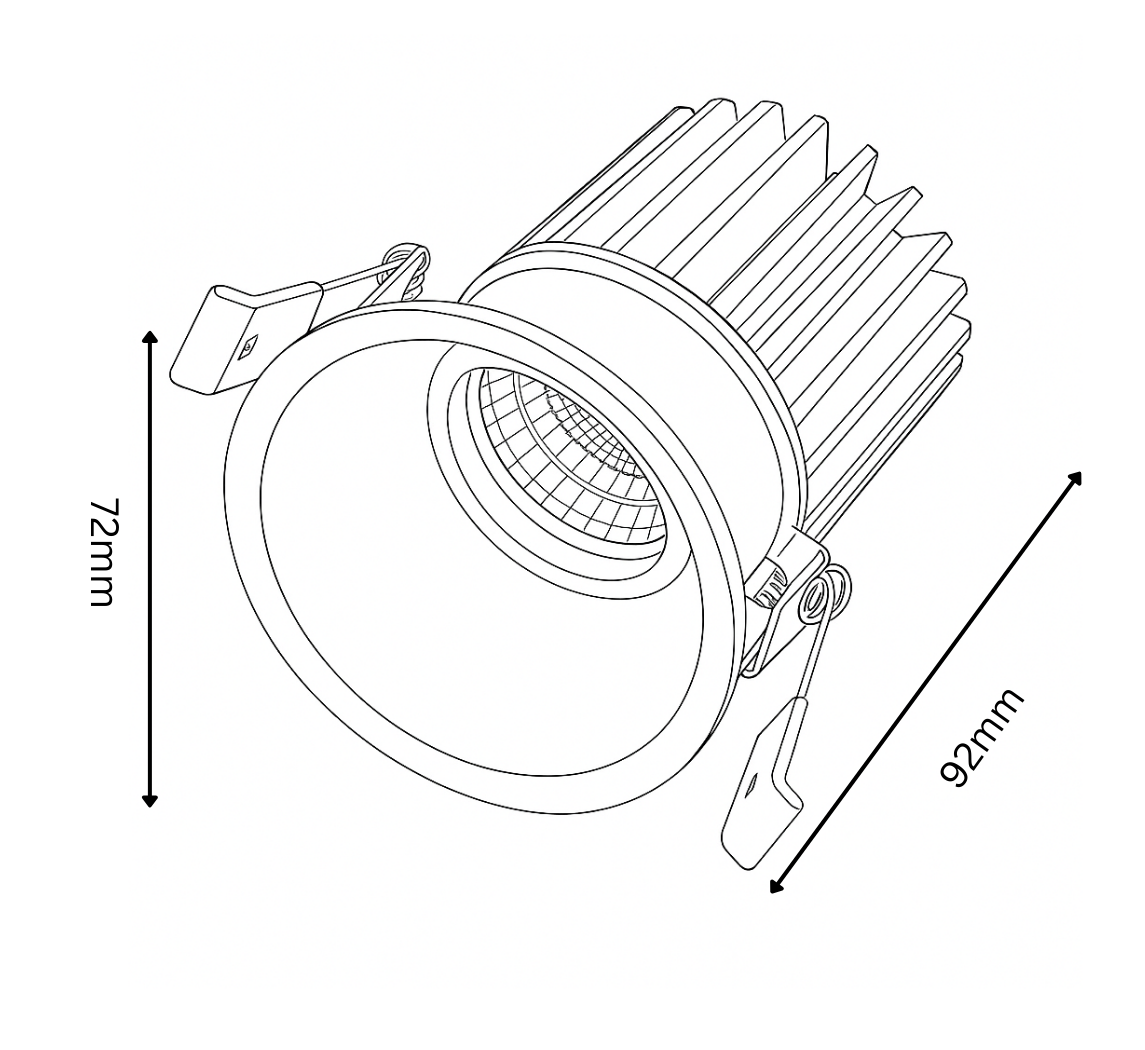 Technical drawing of a round light fixture with dimensions labeled